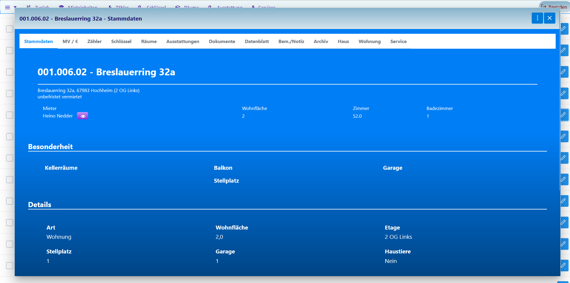 screenshot of rental units, Screenshot der Mieteinheiten