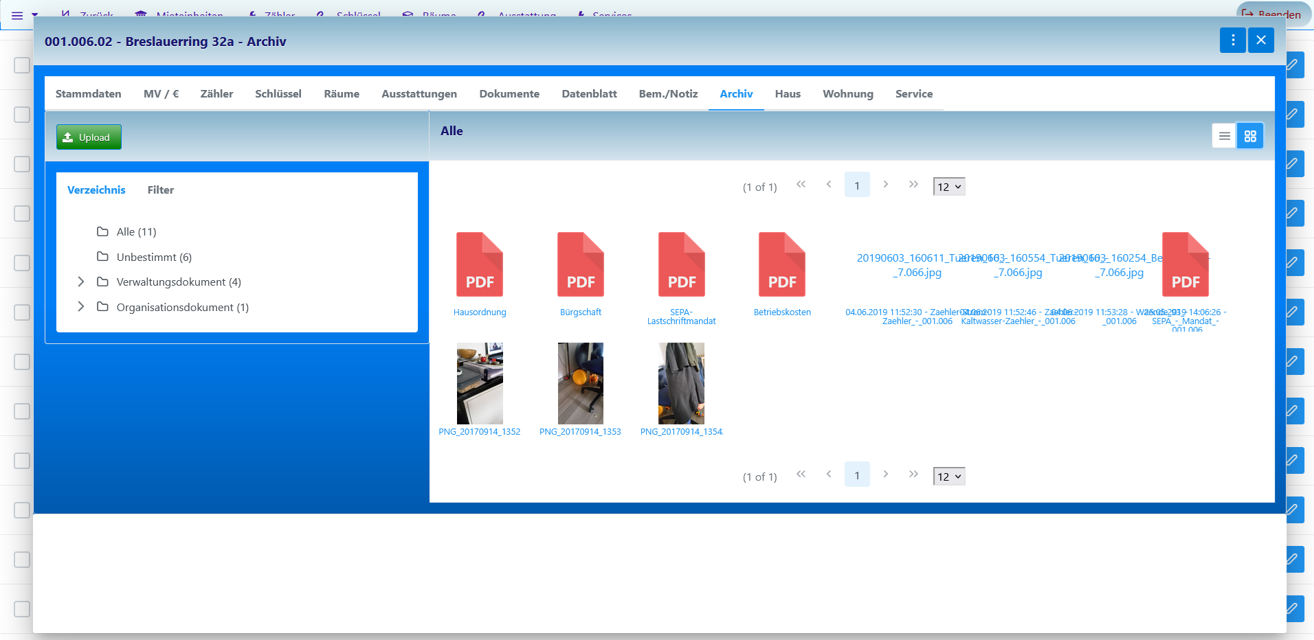 screenshot of rental units in modul archive, Screenshot der Mieteinheiten im Modul Archiv