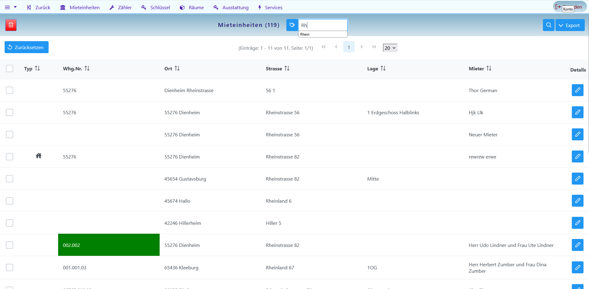 screenshot of rental units, Screenshot der Mieteinheiten