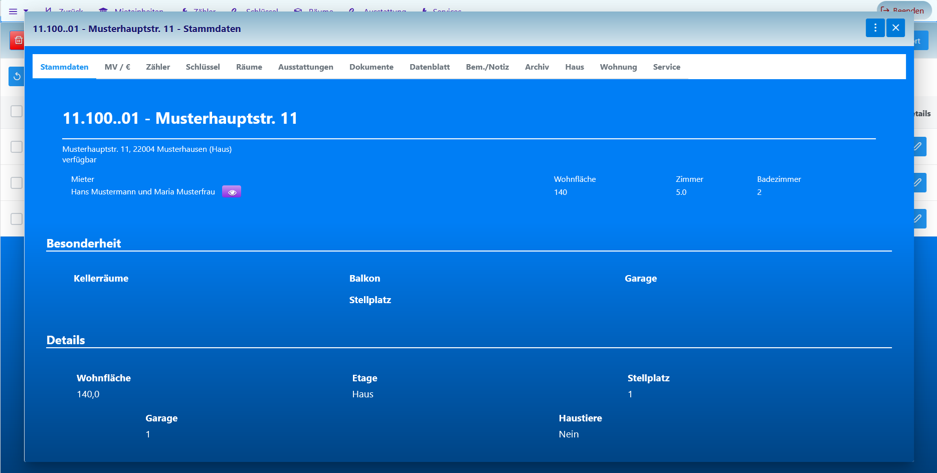screenshot of rental units welcomepage, Screenshot der Mieteinheiten der Startseite